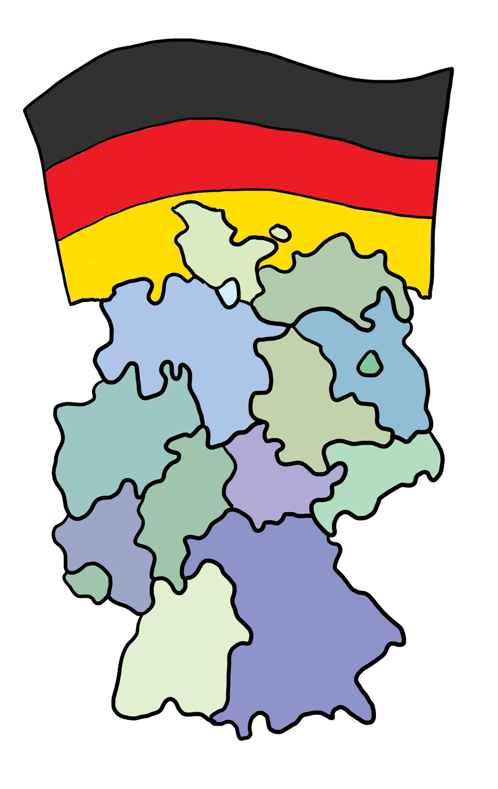 Eine schematische Karte der Bundesrepublik Deutschland. Man erkennt die 16 Länder. Über der Karte ist die deutsche Flagge.